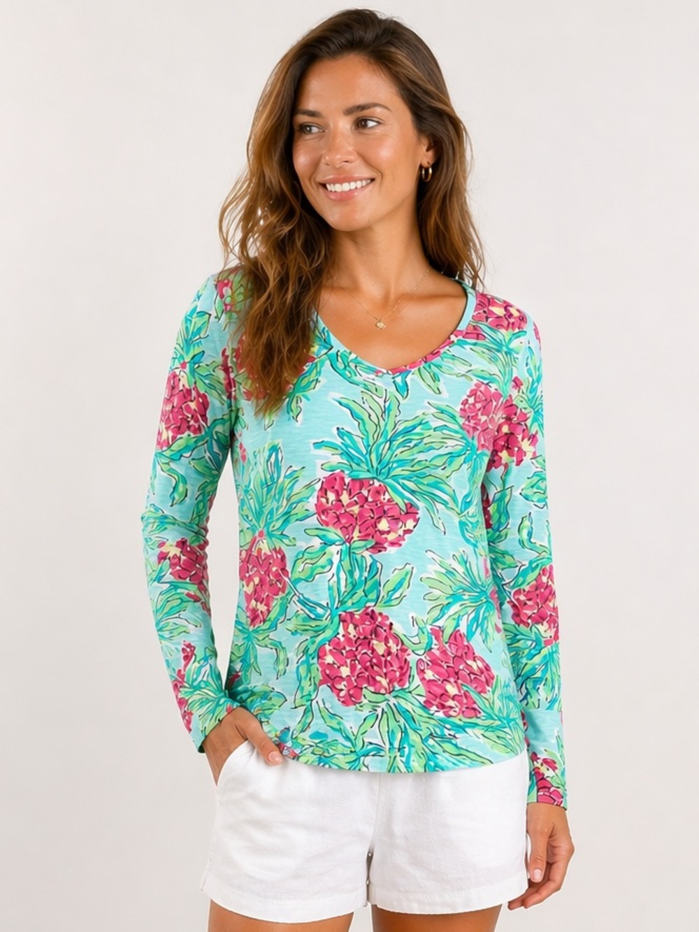 Lilly Pulitzer Cassie Top Spike the Punch Pineapple Print Long Sleeve Size L